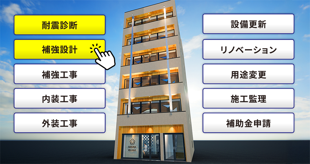 耐震診断・補強設計・補強工事・内装工事・外装工事・設備更新・リノベーション・用途変更・施工監理・補助金申請